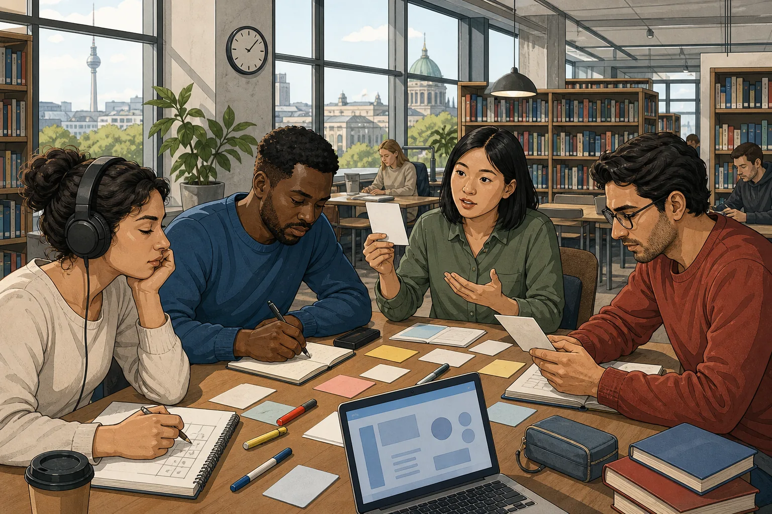 Erwachsene Lernende bereiten sich in einer Berliner Bibliothek auf die Deutsch-B1-Prüfung vor.