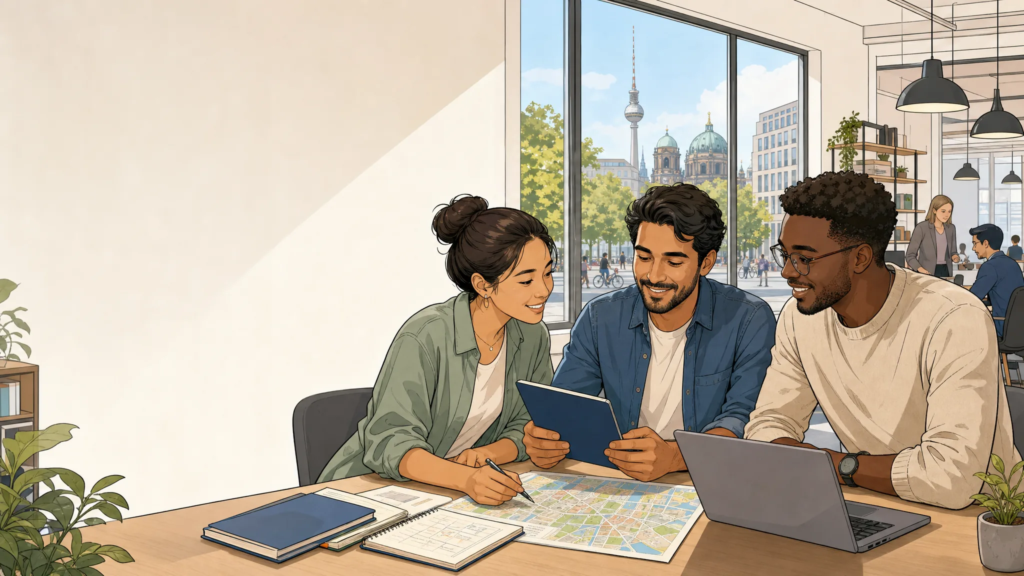 Internationale Fachkräfte planen Deutschlernen für die Chancenkarte in einem Berliner Beratungsraum.