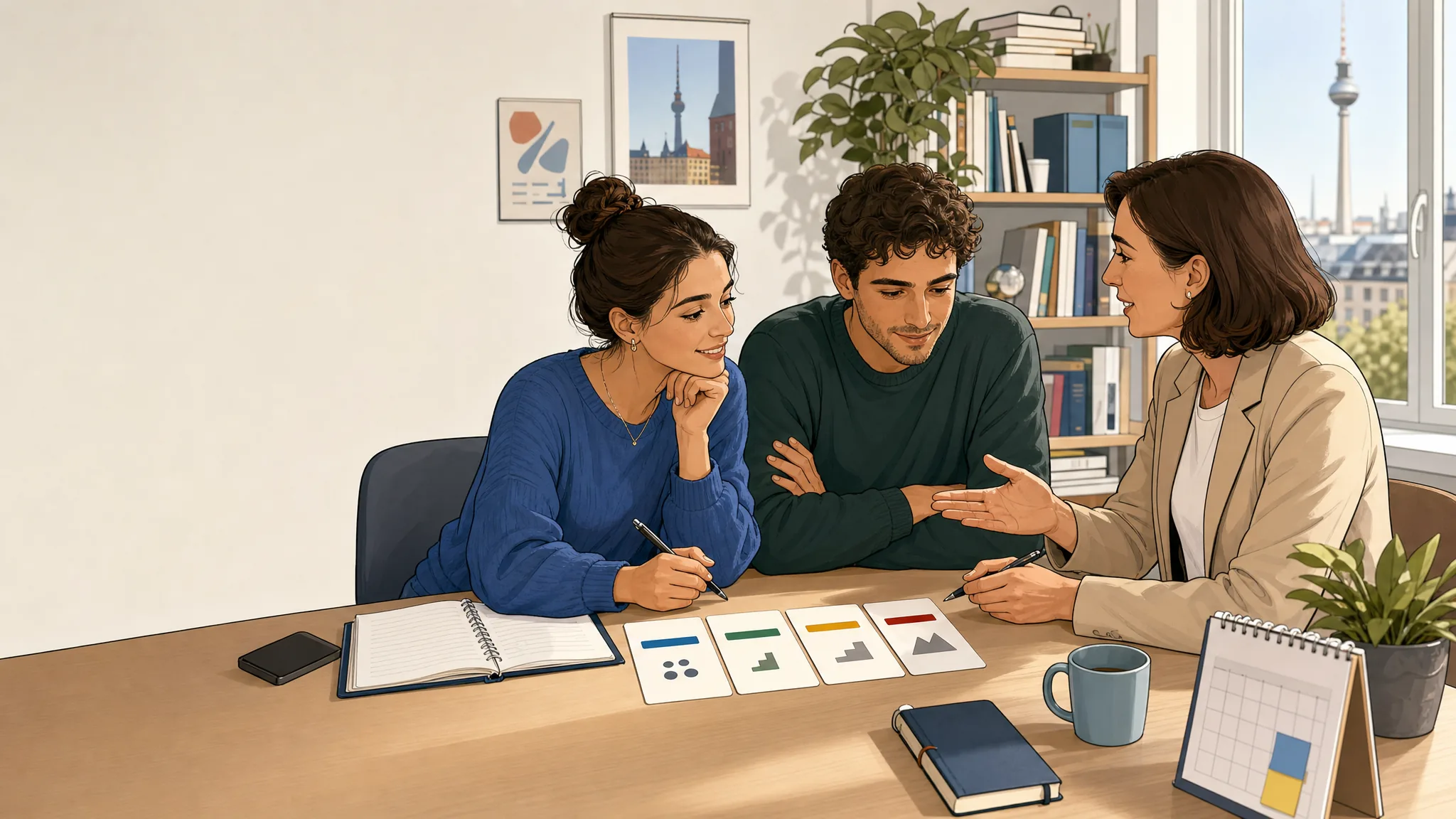 Lernende besprechen einen Deutsch-Sprachplan mit abstrakten Levelkarten.
