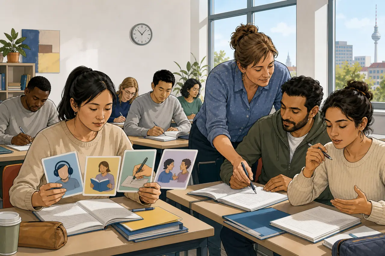 Erwachsene Lernende üben in einem deutschen Integrationskurs für den Deutsch-Test für Zuwanderer.