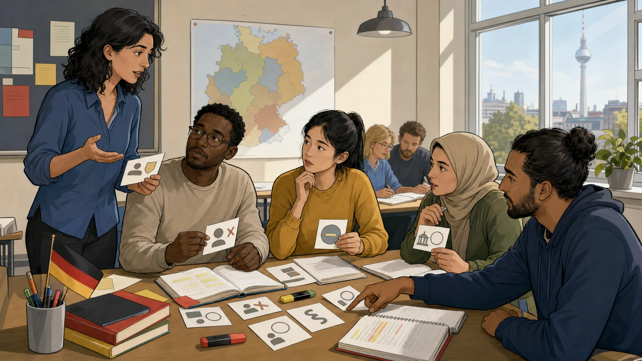 Erwachsene Lernende üben die Sprache des Einbürgerungstests in einem Berliner Kursraum.