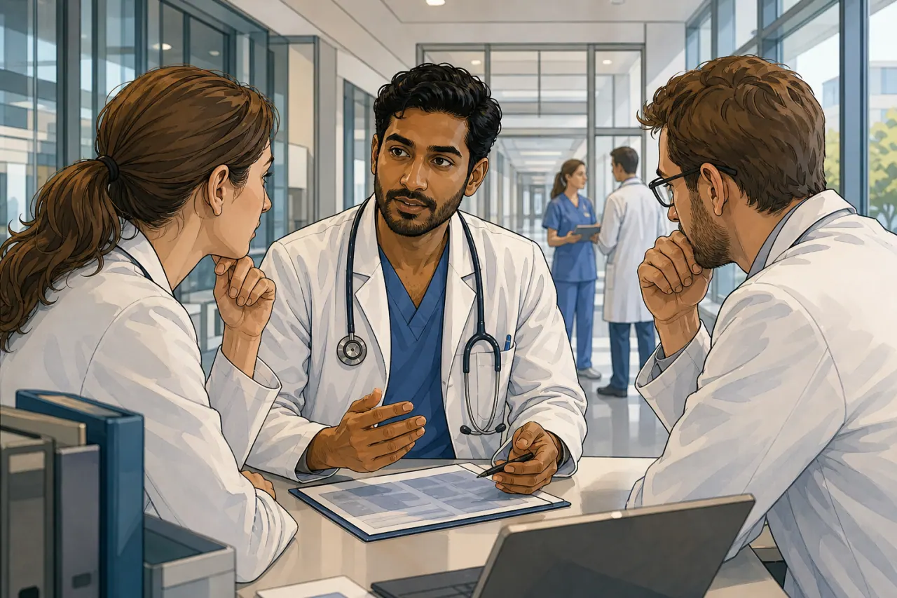 Illustration eines internationalen Arztes in einer deutschen Krankenhausbesprechung