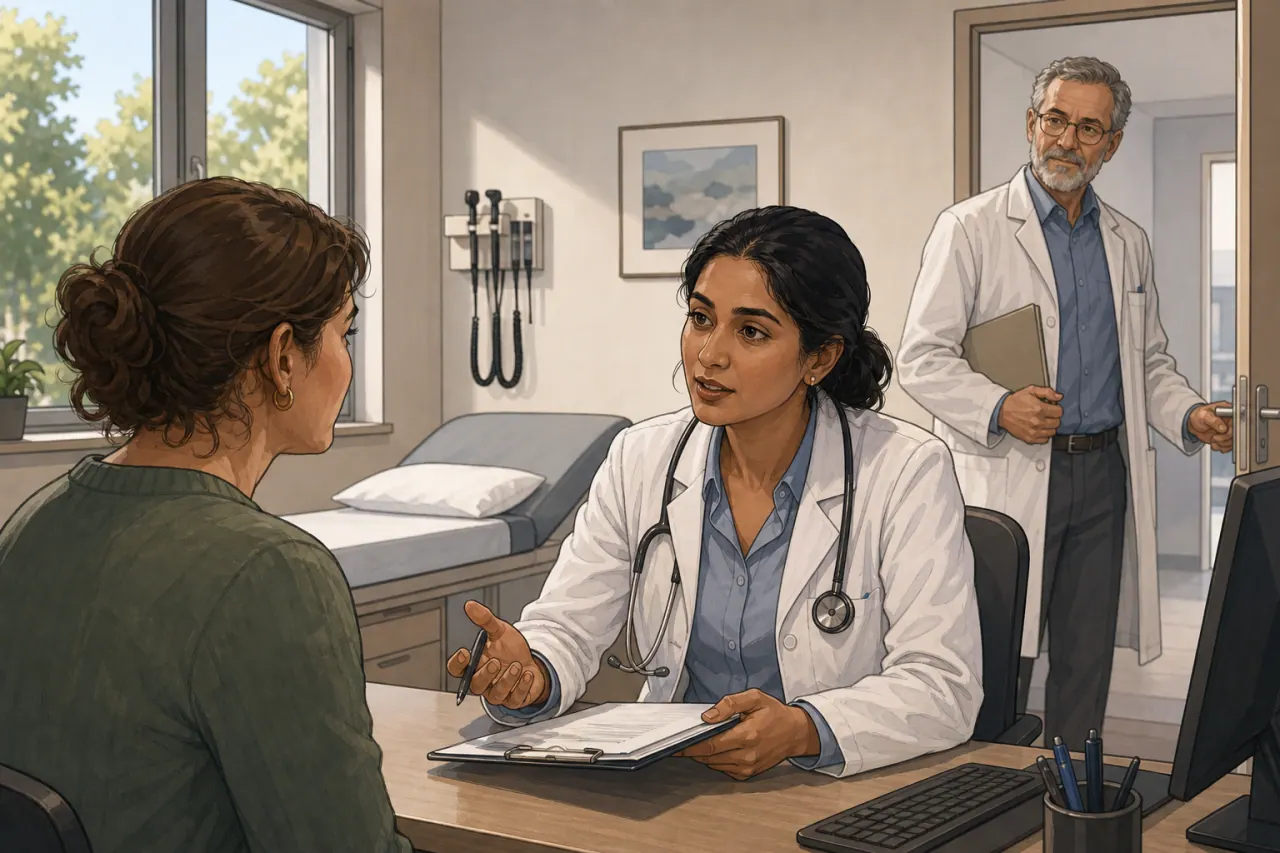 Illustration einer ärztlichen Anamnese und Patientenvorstellung in Deutschland