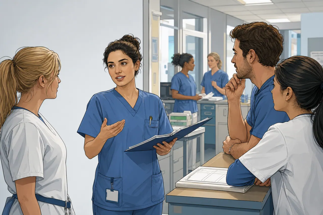 Illustration einer Pflegekraft in einer deutschen Schichtübergabe