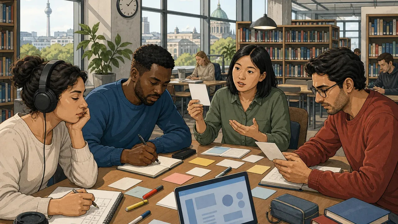 Internationale Studierende lernen in einer deutschen Universitätsbibliothek für den TestDaF.