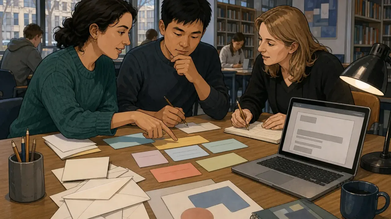 Studierende ordnen Diagrammnotizen und Argumentkarten für einen TestDaF-Schreibtrainer.