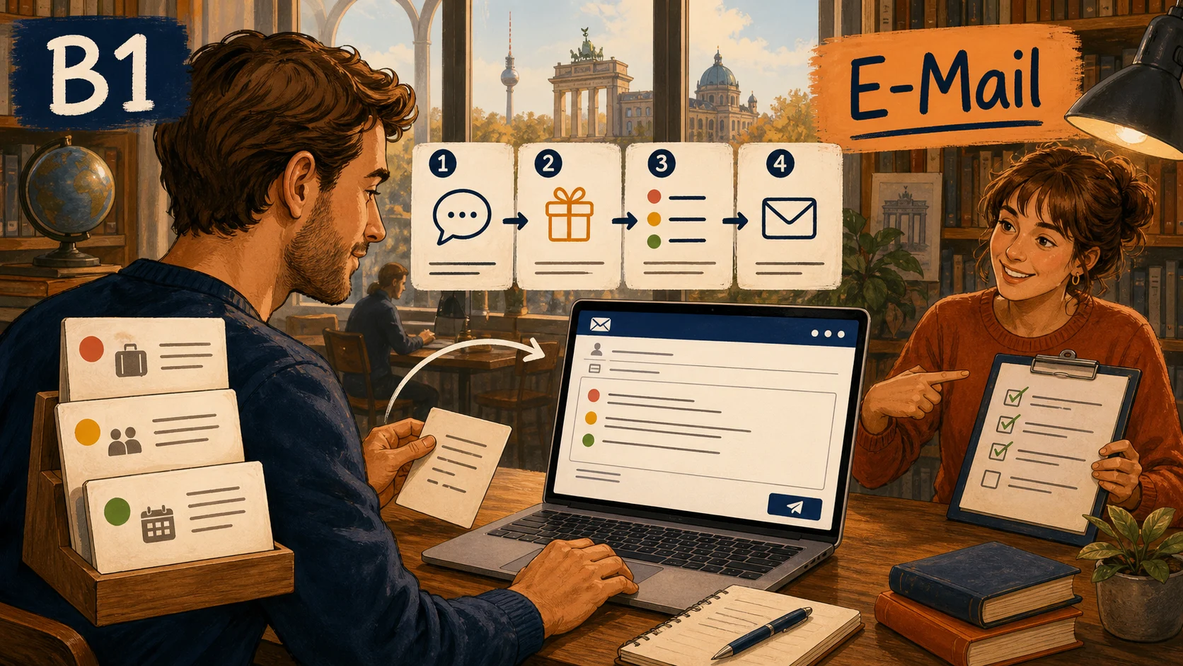 Deutschlernender plant mit einer Tutorin eine strukturierte B1-E-Mail aus mehreren Aufgabenpunkten