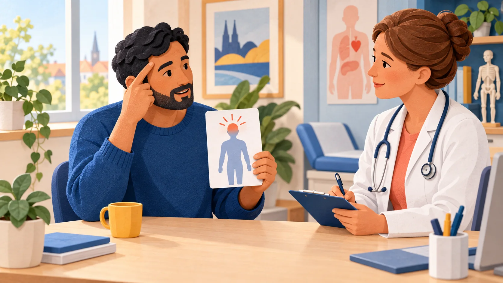 Ein Patient beschreibt einer Ärztin auf Deutsch seine Kopfschmerzen