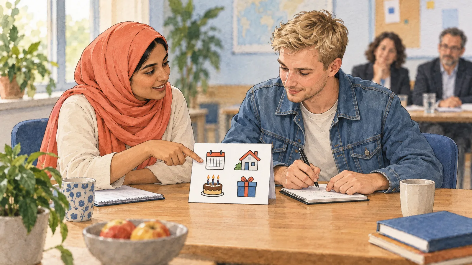 Zwei Kursteilnehmende planen gemeinsam ein Abschiedsfest, auf dem Tisch liegt eine Aufgabenkarte mit Stichpunkten