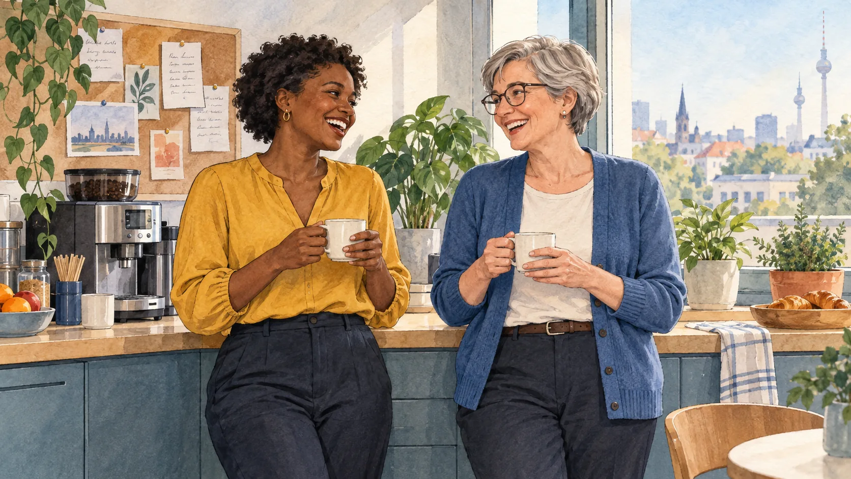 Zwei Kolleginnen unterhalten sich mit Kaffeetassen in einer Büroküche